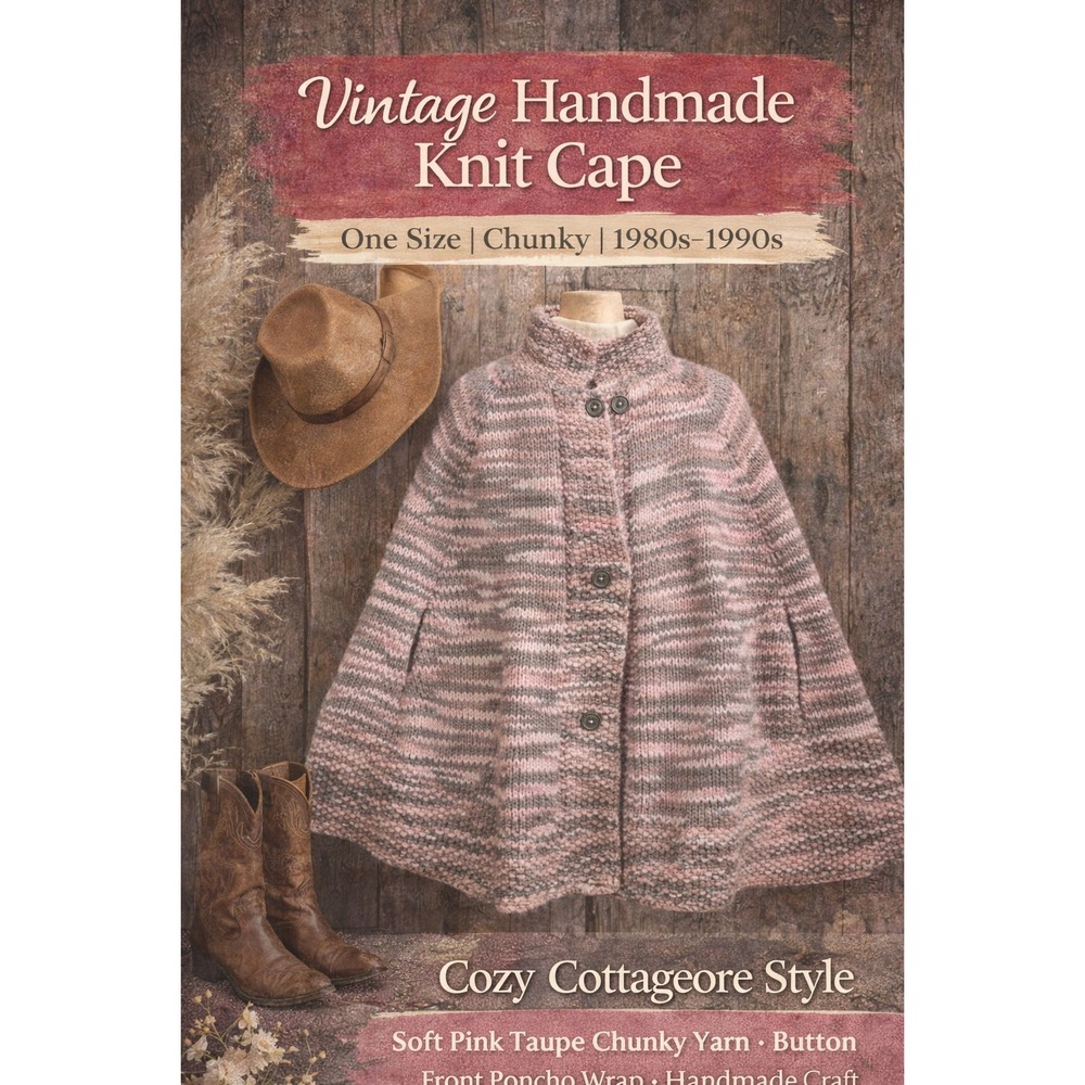 Vintage Handmade Knit Cape Pink Taupe Chunky Button Front Poncho Wrap One‎ Size